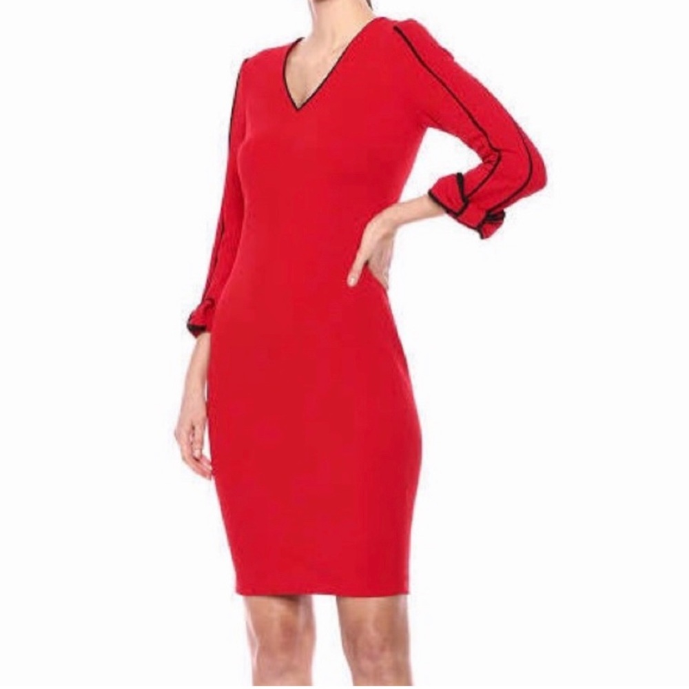 Calvin Klein Red Long Sleeved Dress Size 8. Black Piping and Bows on sleeves.